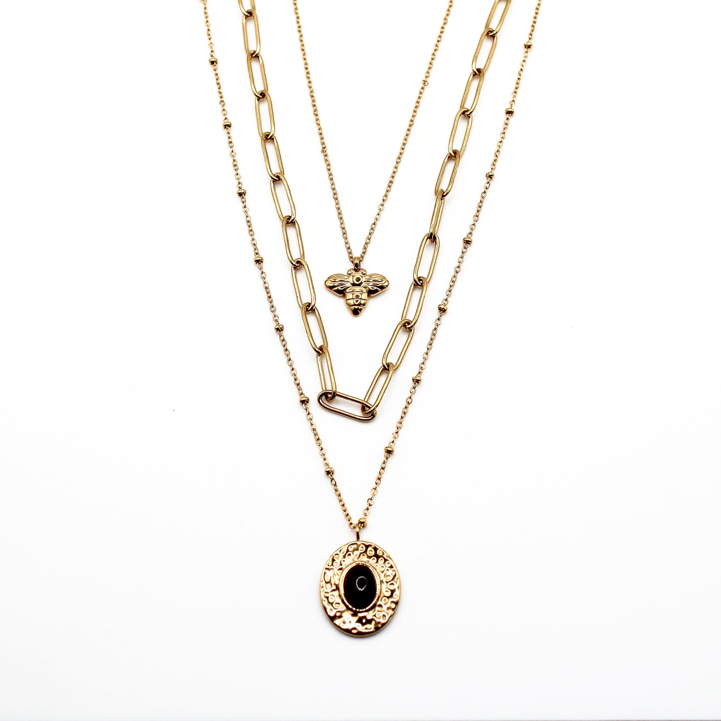 Collier triple pendentif abeille et pierre