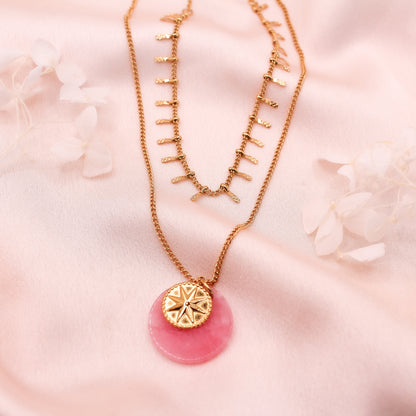 Collier double pendentif quartz rose