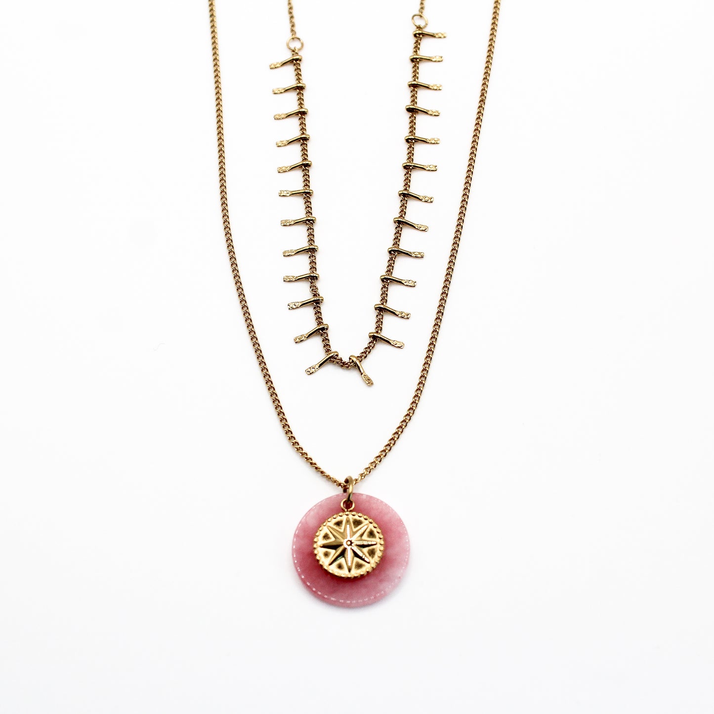 Collier double pendentif quartz rose